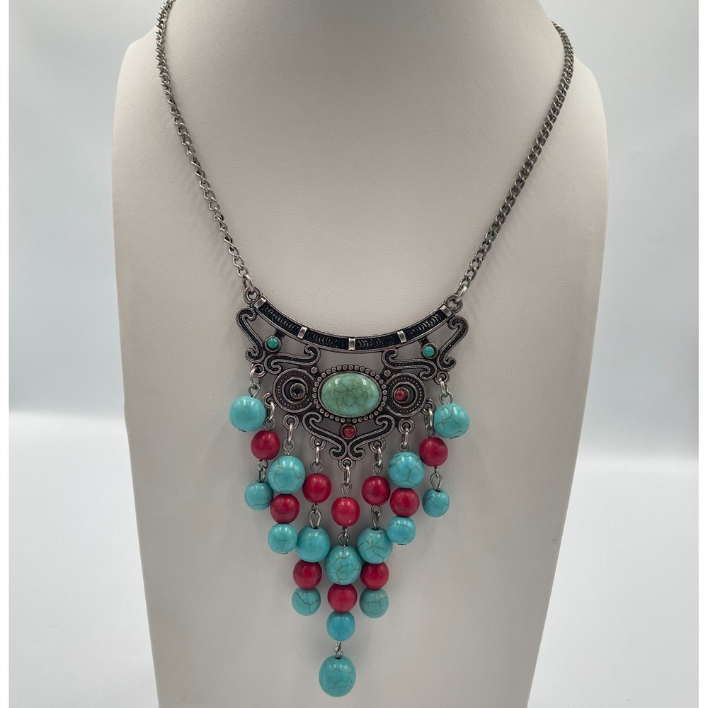 Vintage Southwestern Faux Turquoise Coral Fringe Necklace Earrings Set Retro